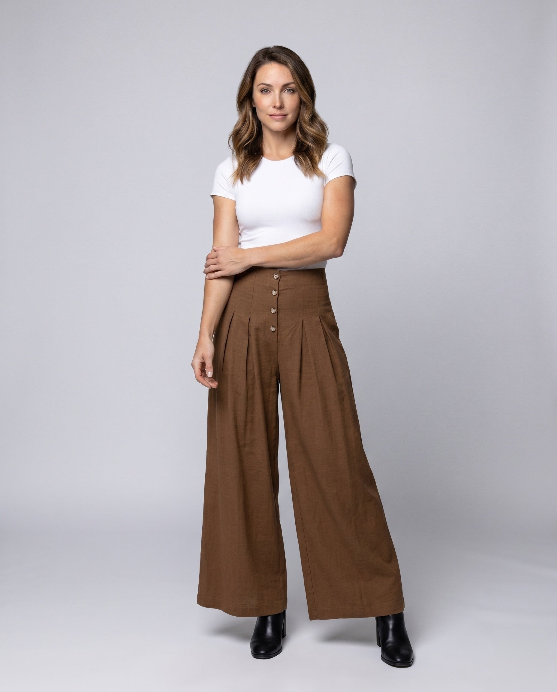 Women's Wide Trousers with Button Detail - Front View