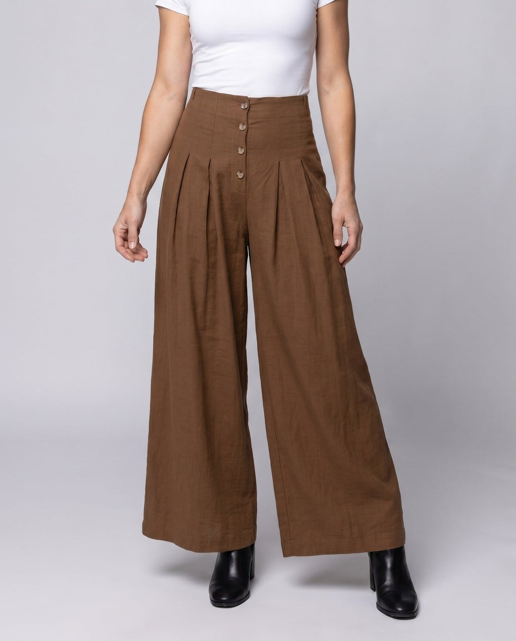 Women's Wide Trousers with Button Detail - Lower Body View