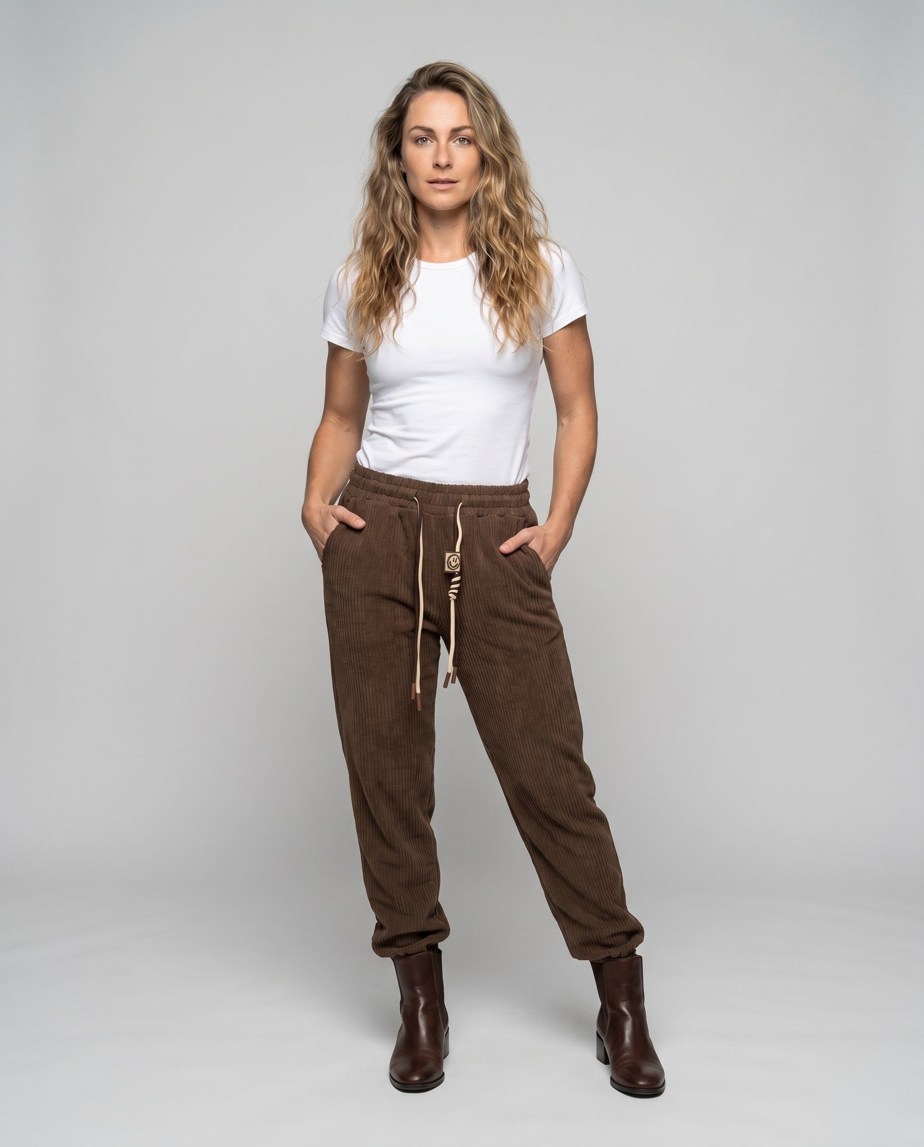 Women's Casual Ribbed Knit Pants with Elastic Waistband - Front View