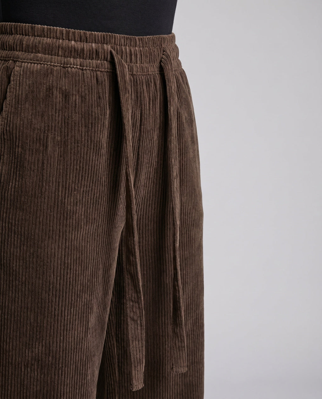 Women's Wide Corduroy Pants with a Loose Fit and Elastic Waistband - Close-Up Detail