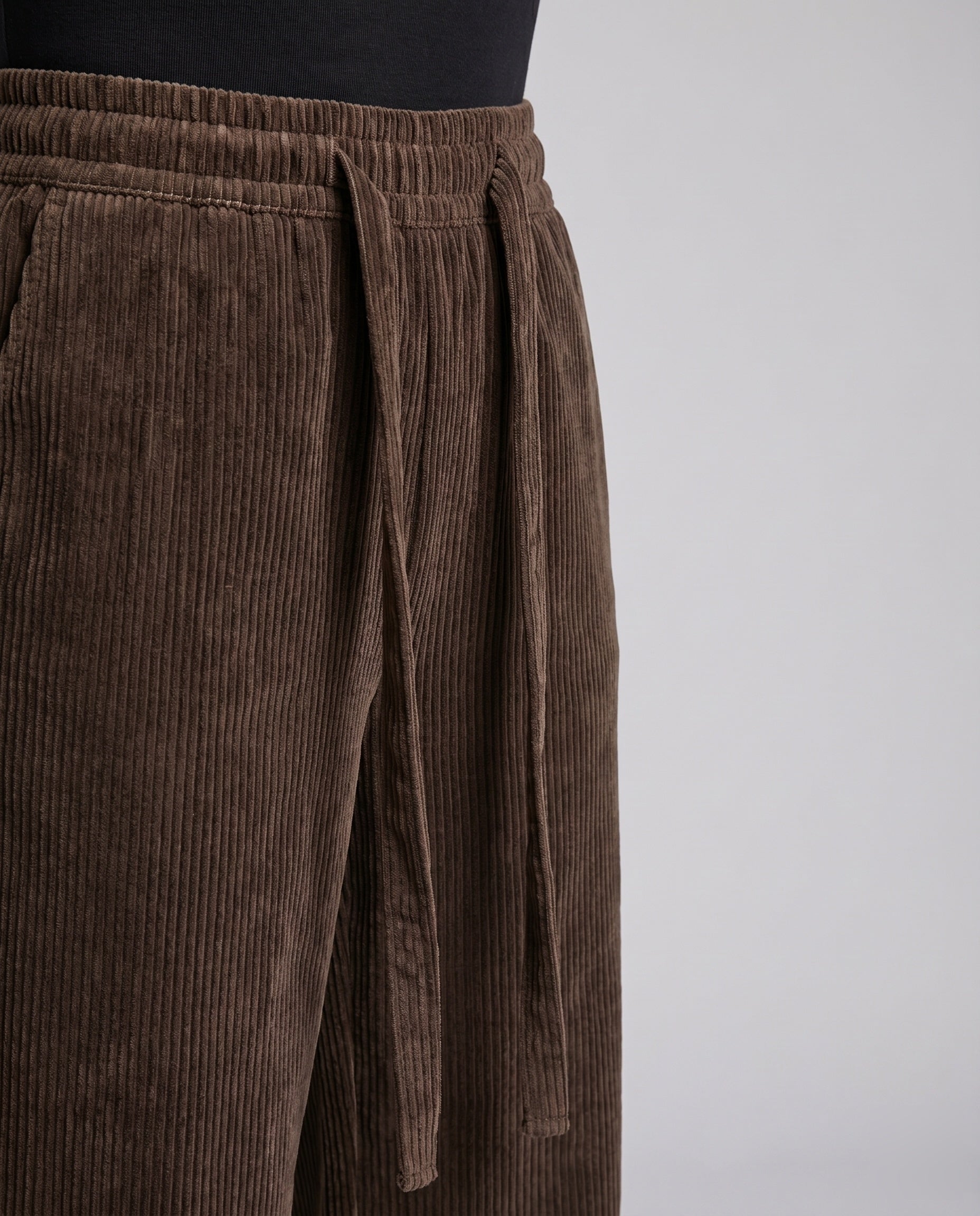 Women's Wide Corduroy Pants with a Loose Fit and Elastic Waistband - Close-Up Detail
