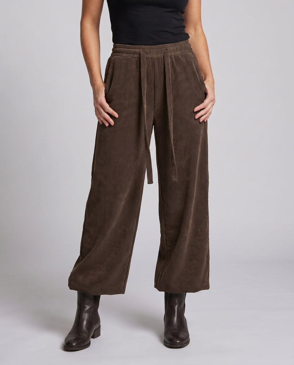 Women's Wide Corduroy Pants with a Loose Fit and Elastic Waistband - Lower Body View