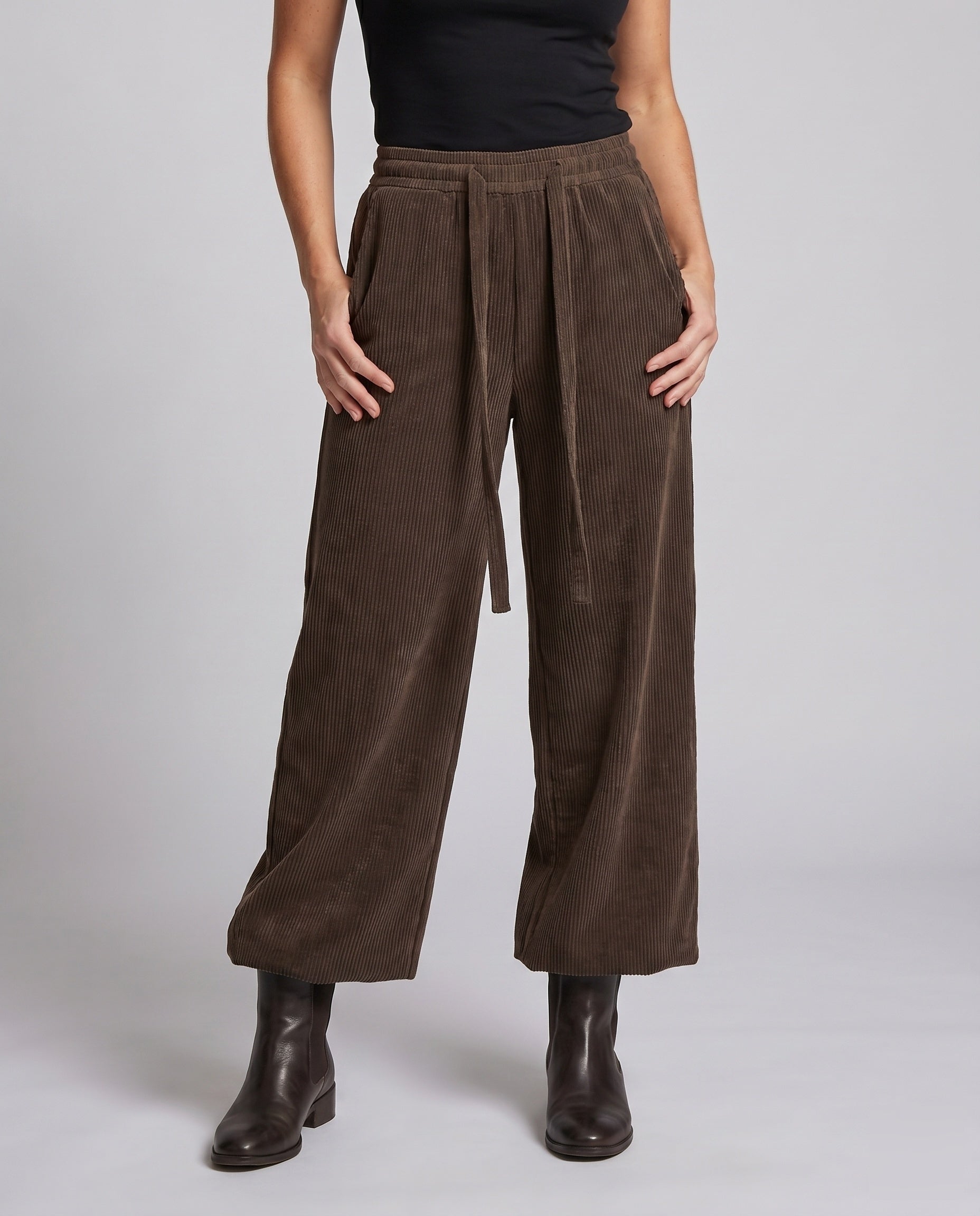 Women's Wide Corduroy Pants with a Loose Fit and Elastic Waistband - Lower Body View
