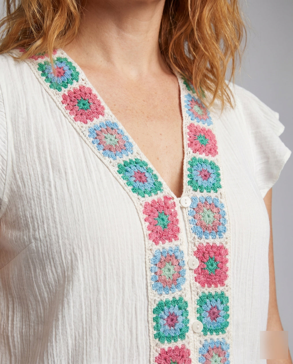 Women's Blouse Top with Colorful Embroideries and Ruffle Details - Close-Up Detail