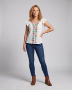 Women's Blouse Top with Colorful Embroideries and Ruffle Details - Front View