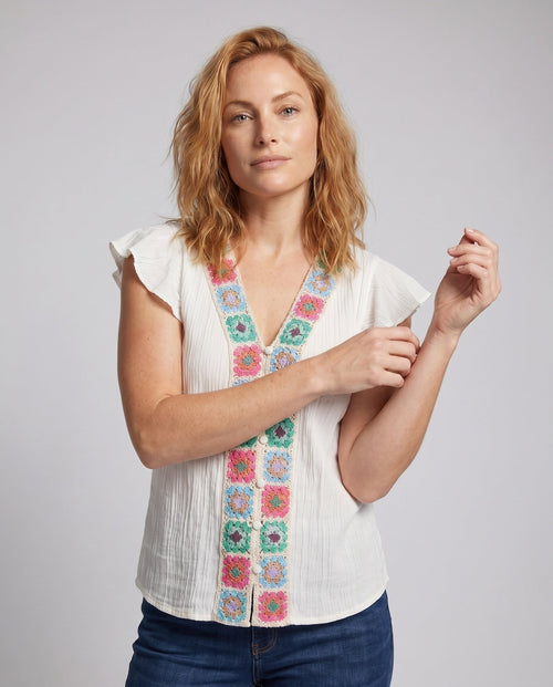 Women's Blouse Top with Colorful Embroideries and Ruffle Details - Upper Body View