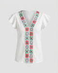 Women's Blouse Top with Colorful Embroideries and Ruffle Details