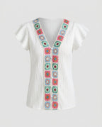 Women's Blouse Top with Colorful Embroideries and Ruffle Details