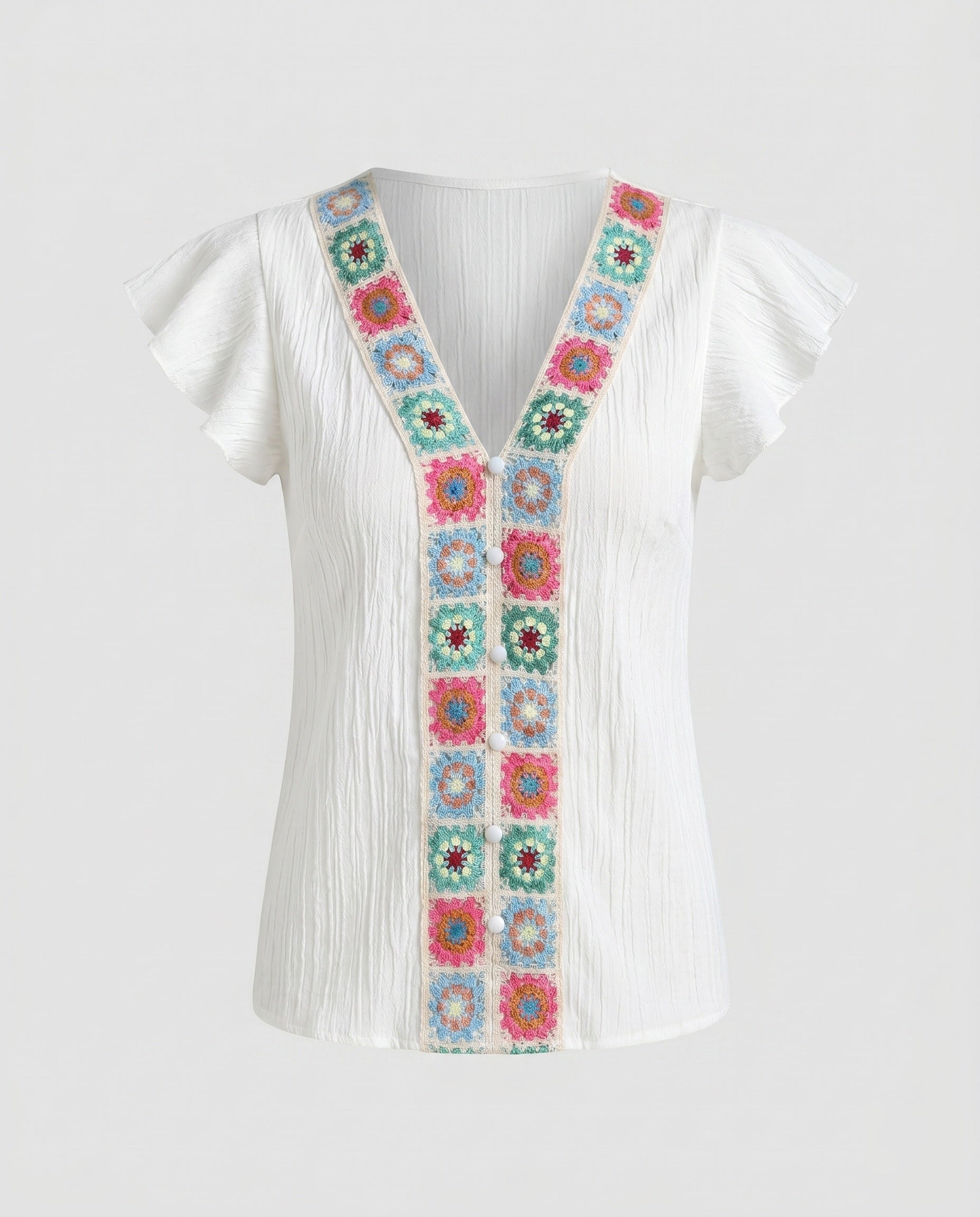 Women's Blouse Top with Colorful Embroideries and Ruffle Details
