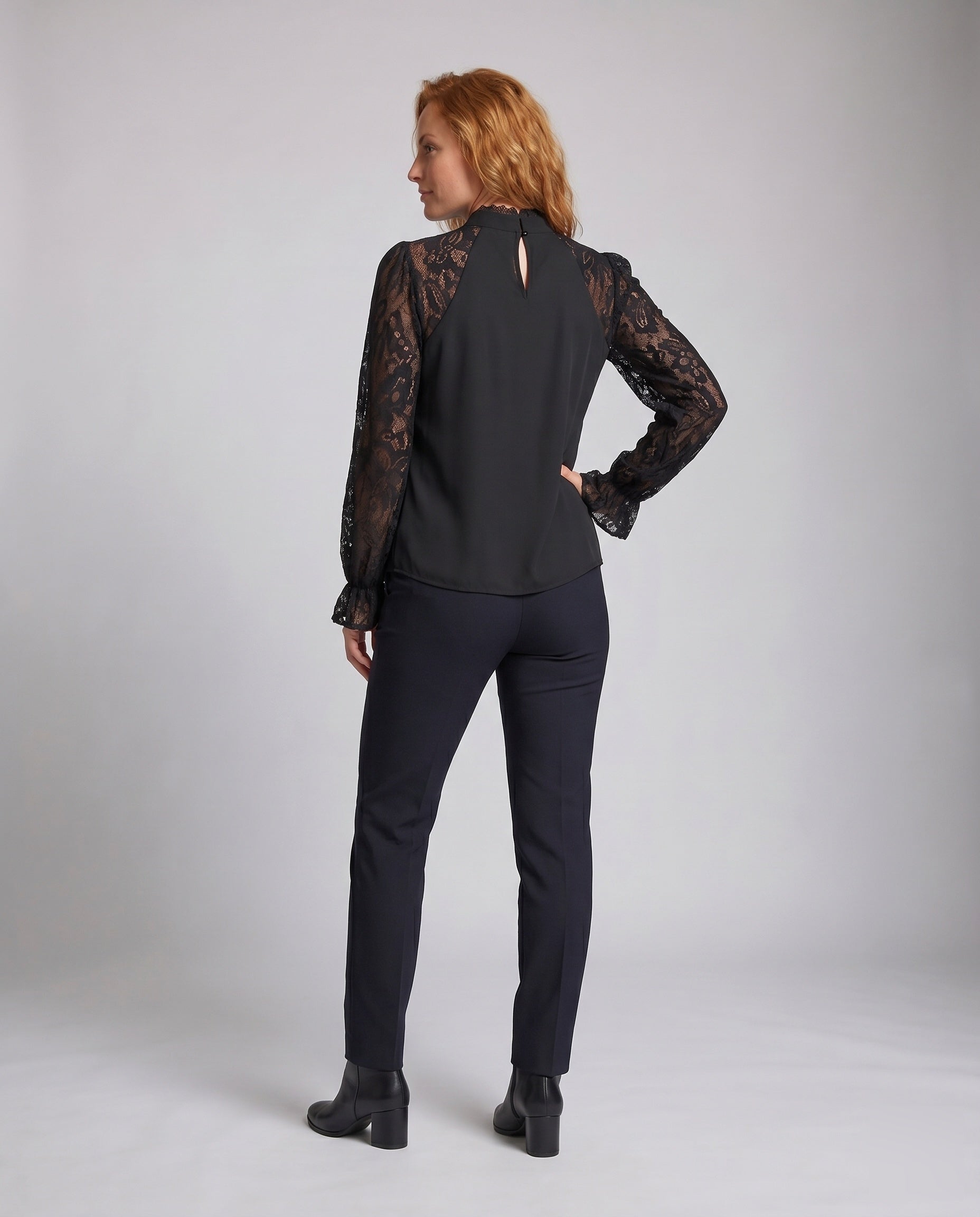 Women's Blouse Top with Sophisticated Lace Sleeves - Back View