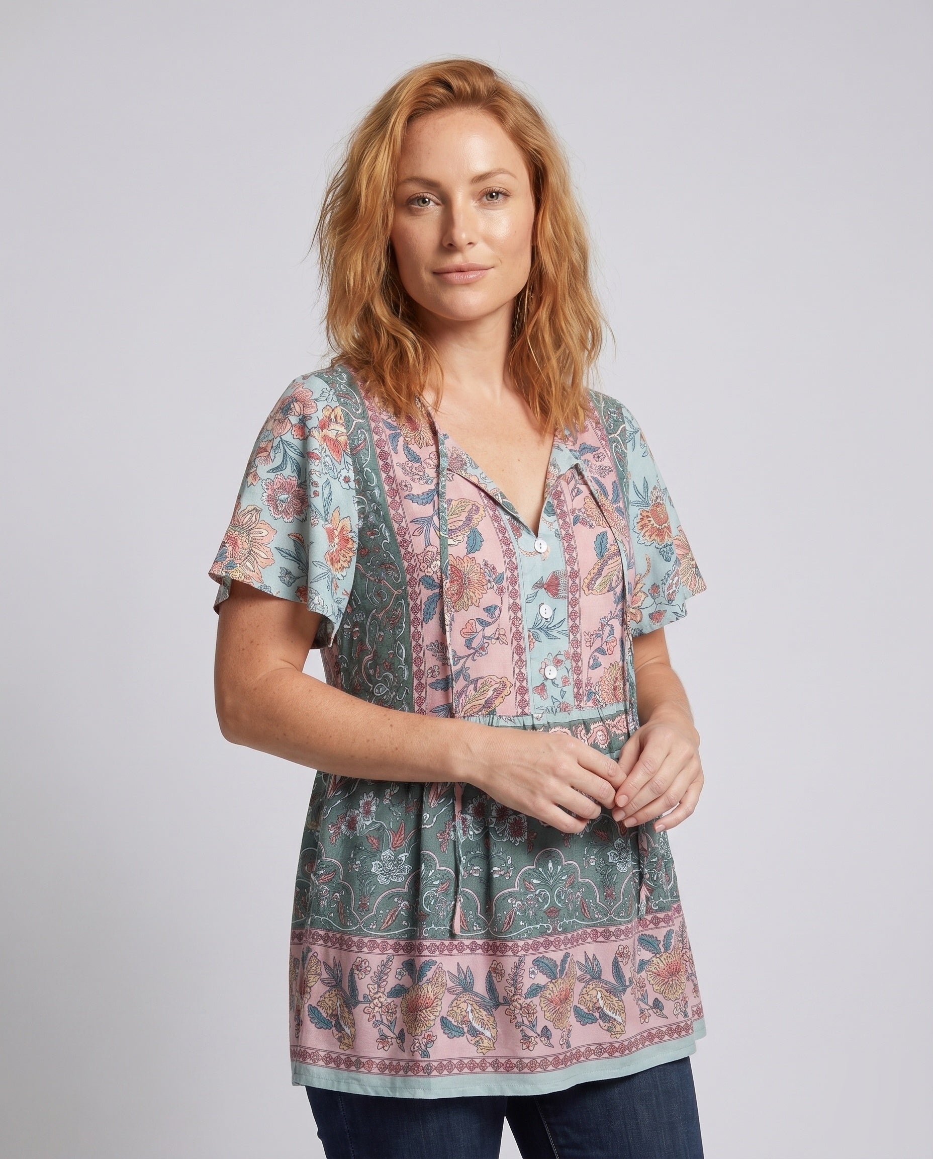 Women's Blouse Shirt with Floral Pattern and Casual Cut - Upper Body View