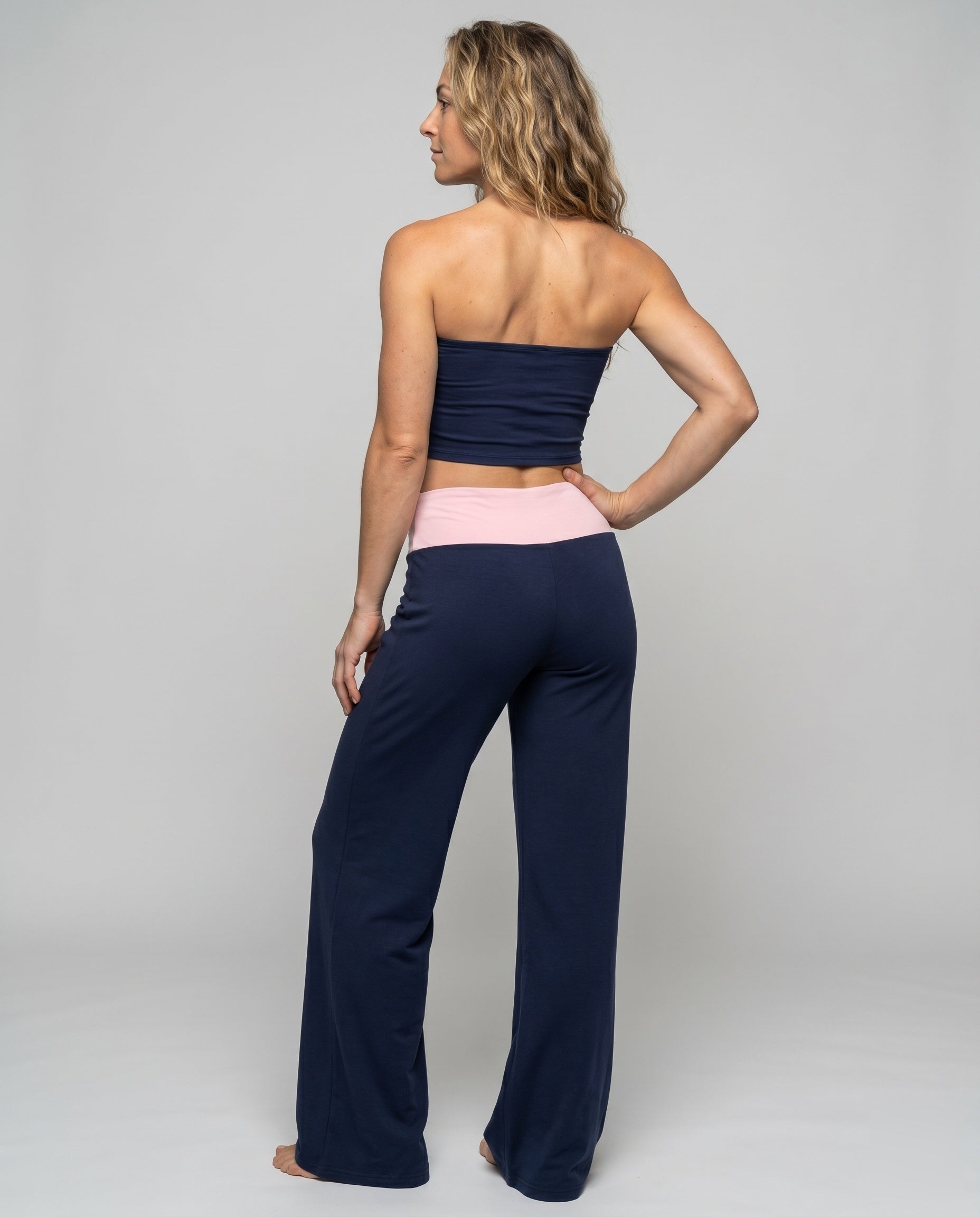 Women's Elegant Bandeau Top and Wide Leisure Pants with High Waistband - Back View