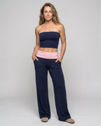 Women's Elegant Bandeau Top and Wide Leisure Pants with High Waistband - Front View