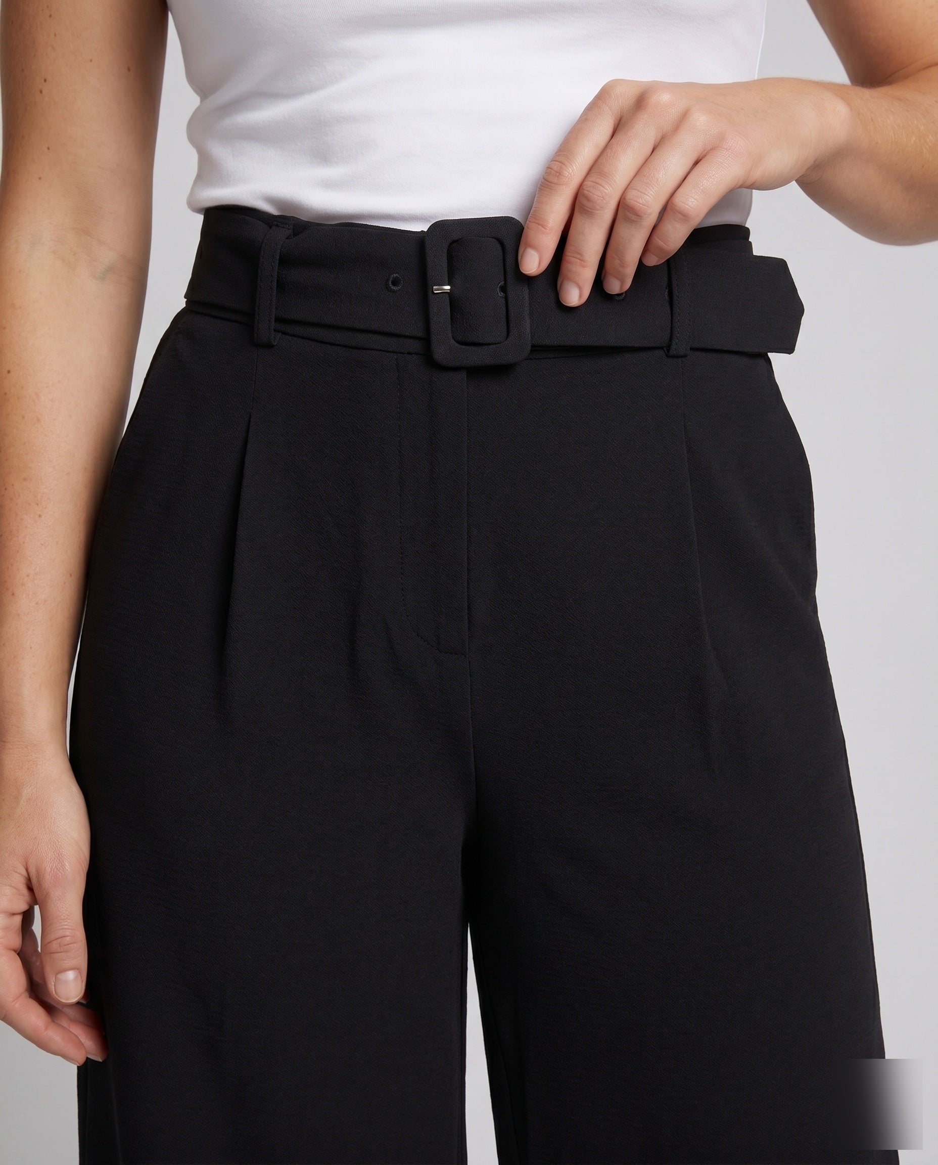 Women's High-Waisted Wide Leg Pants with Belt Loops and Pleats - Close-Up Detail