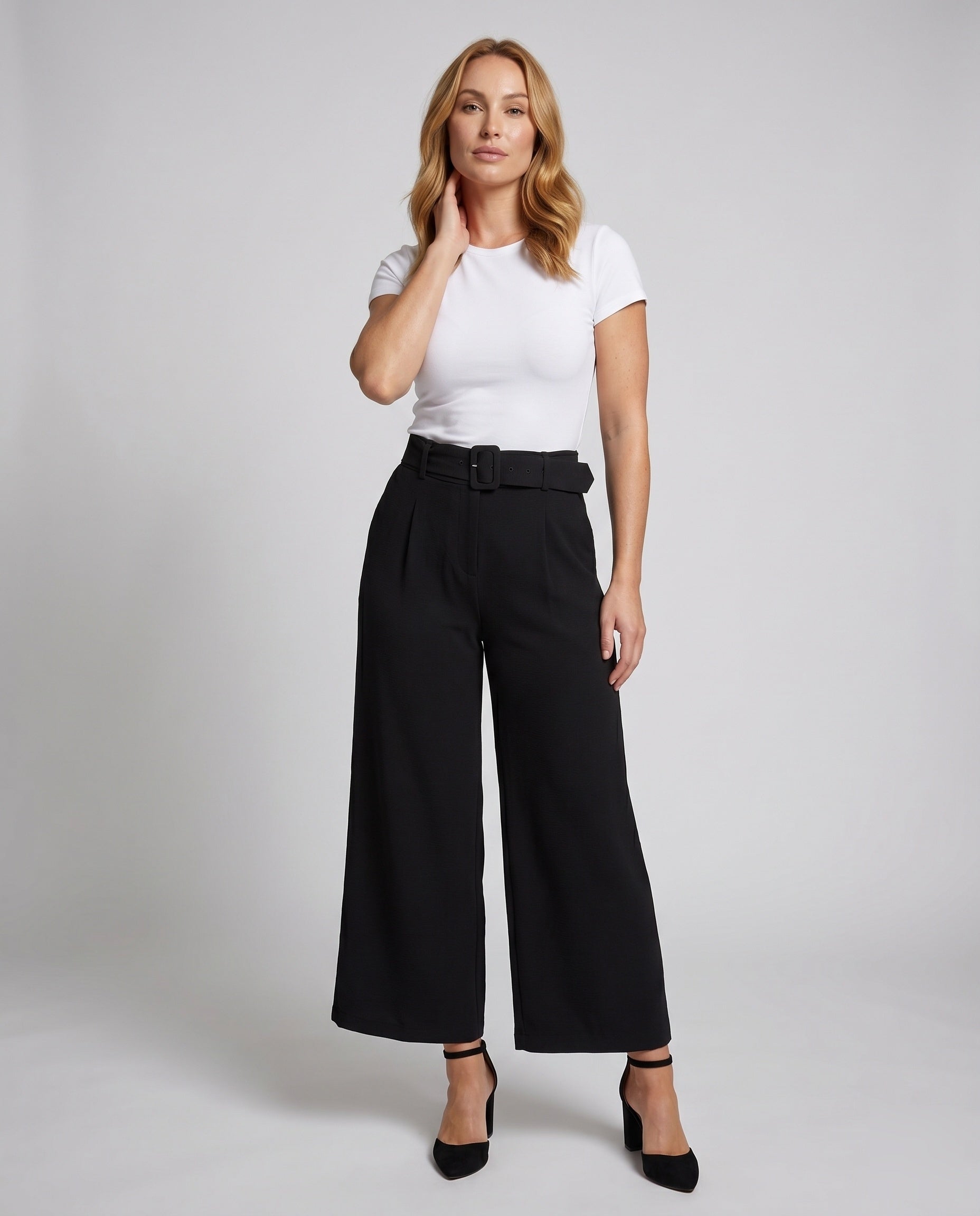 Women's High-Waisted Wide Leg Pants with Belt Loops and Pleats - Front View