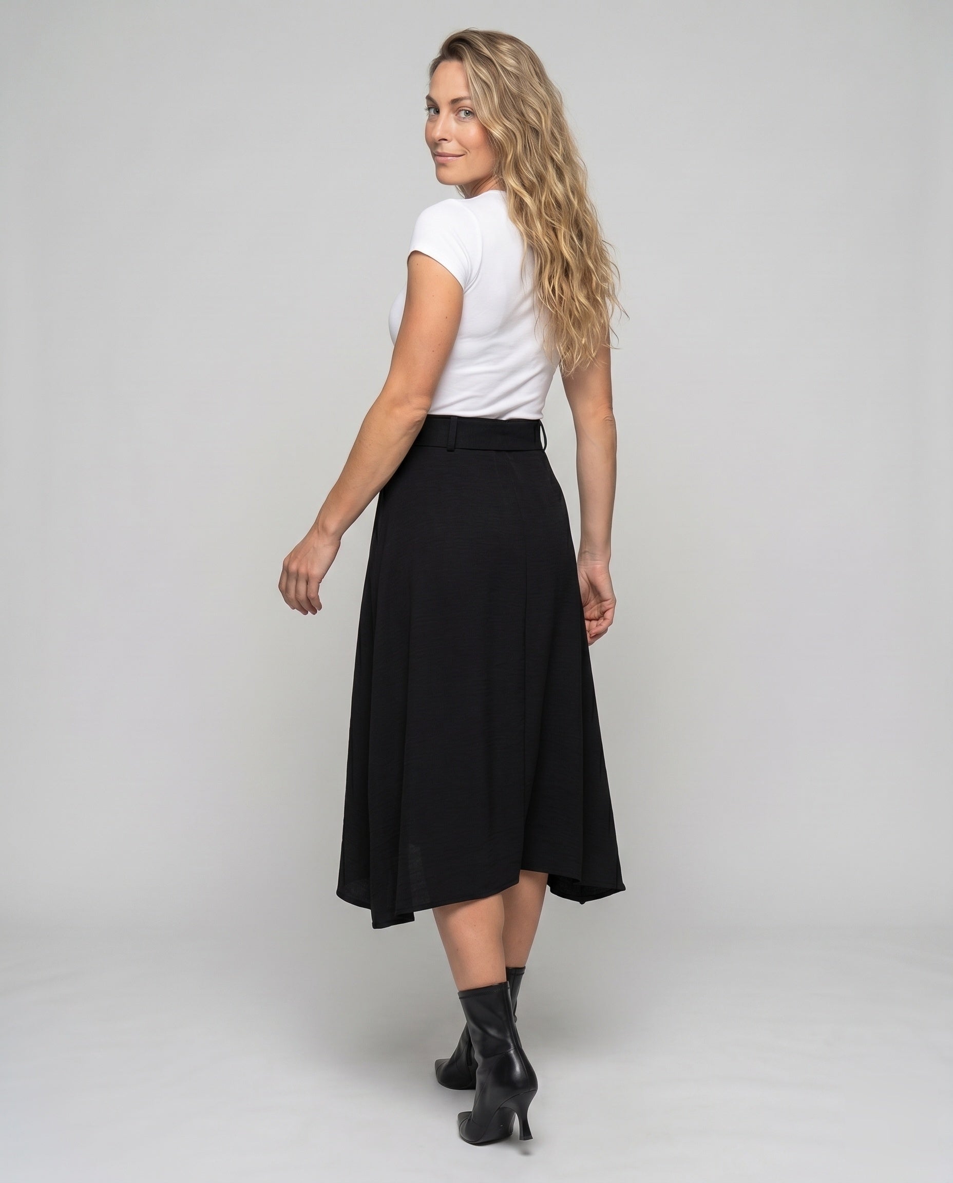 Women's Knee-Length Skirt with Side Slit and Button Details - Back View
