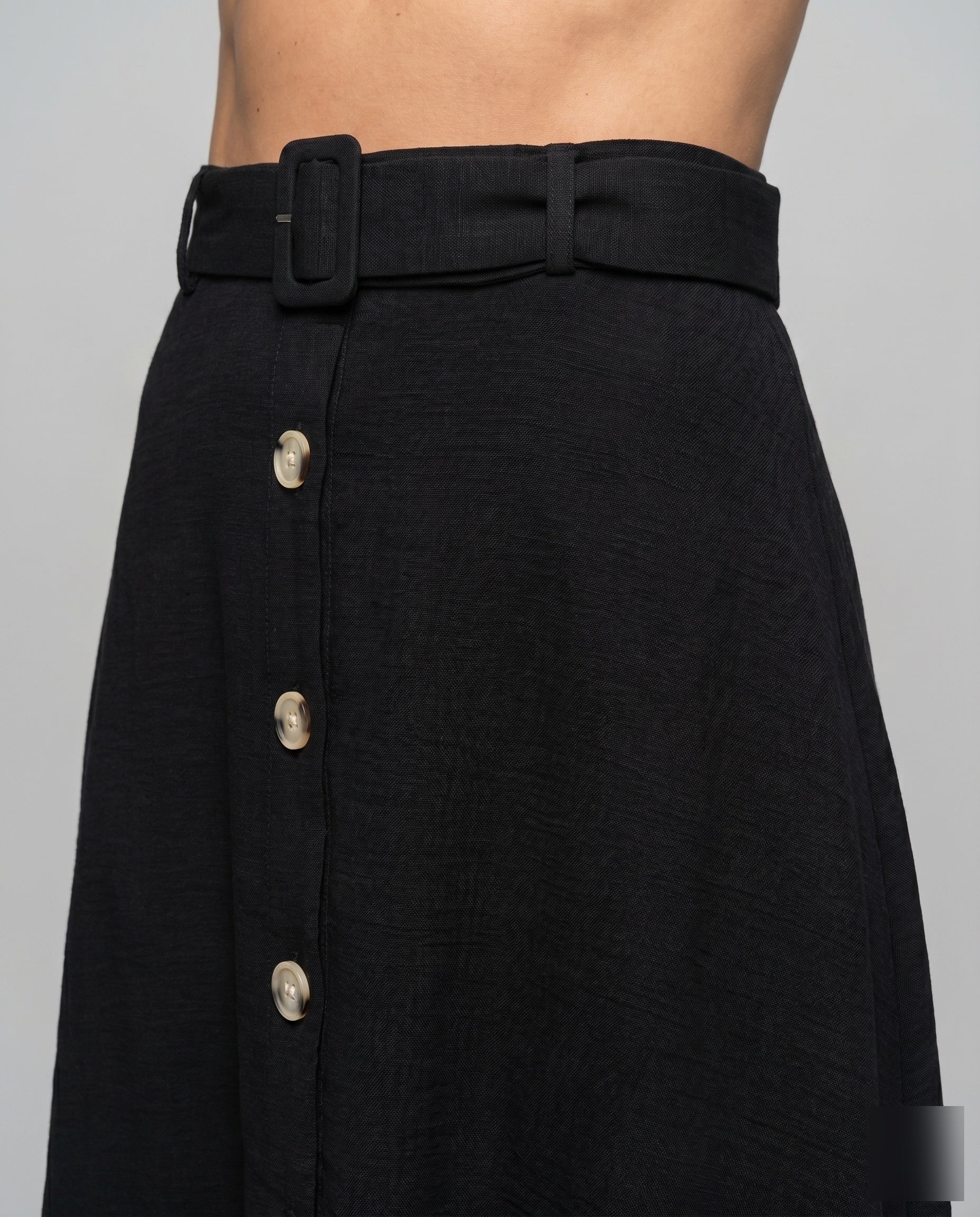 Women's Knee-Length Skirt with Side Slit and Button Details - Close-Up Detail