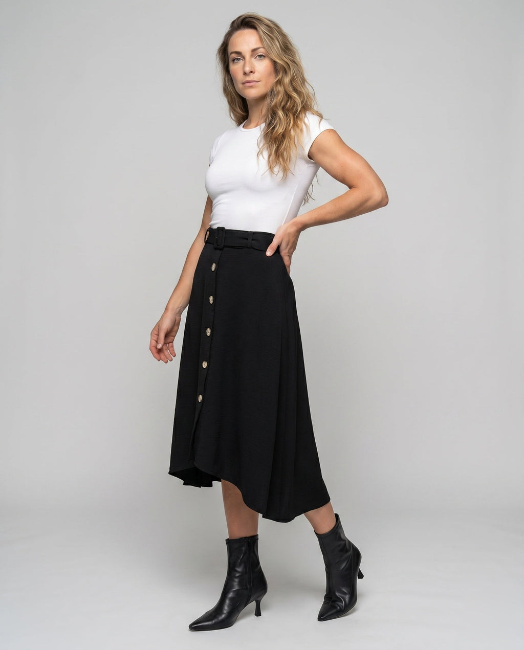 Women's Knee-Length Skirt with Side Slit and Button Details - Front View