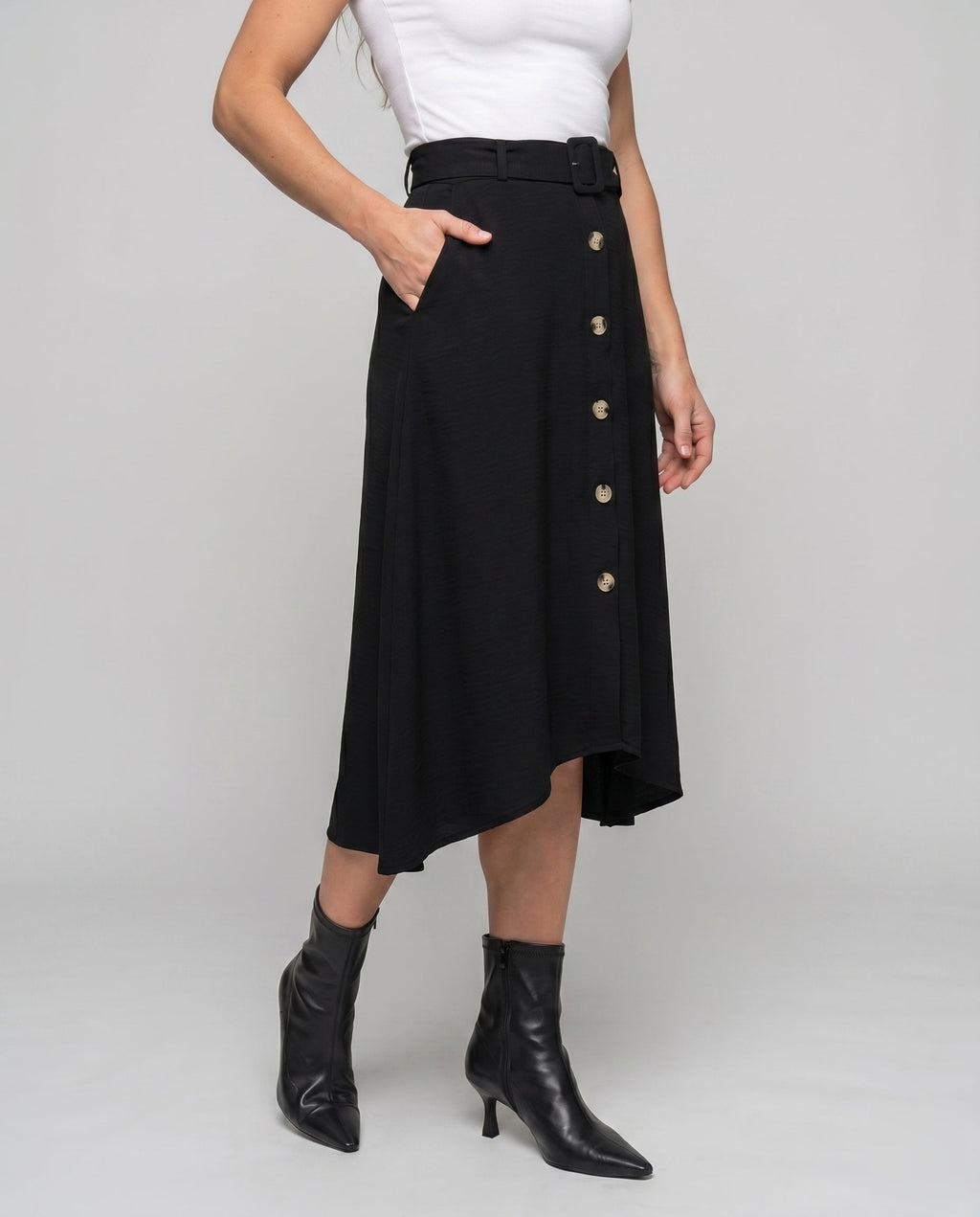 Women's Knee-Length Skirt with Side Slit and Button Details - Lower Body View