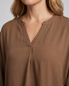 Women's Casual Blouse Shirt with V-Neck and Split Sleeves - Close-Up Detail