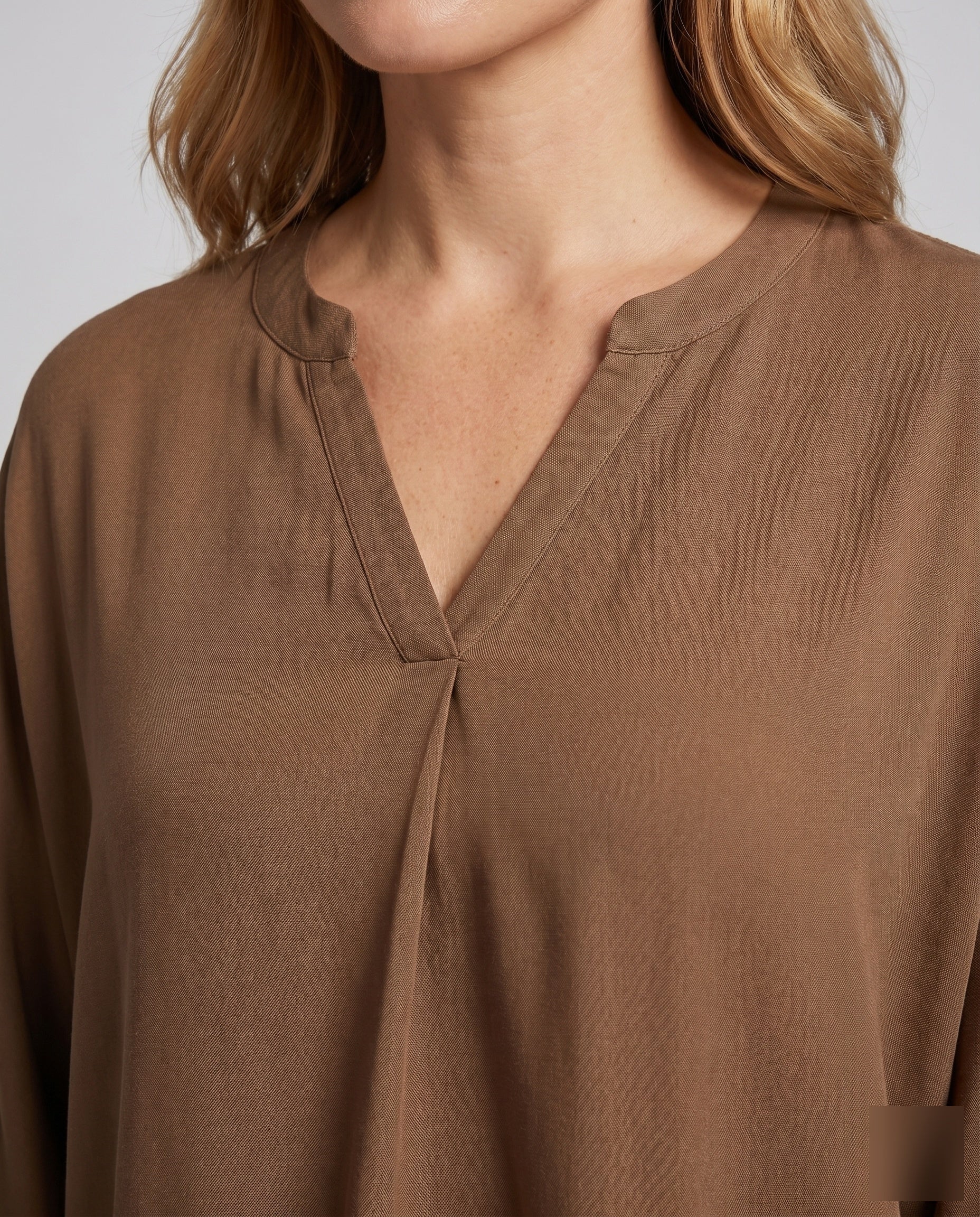 Women's Casual Blouse Shirt with V-Neck and Split Sleeves - Close-Up Detail