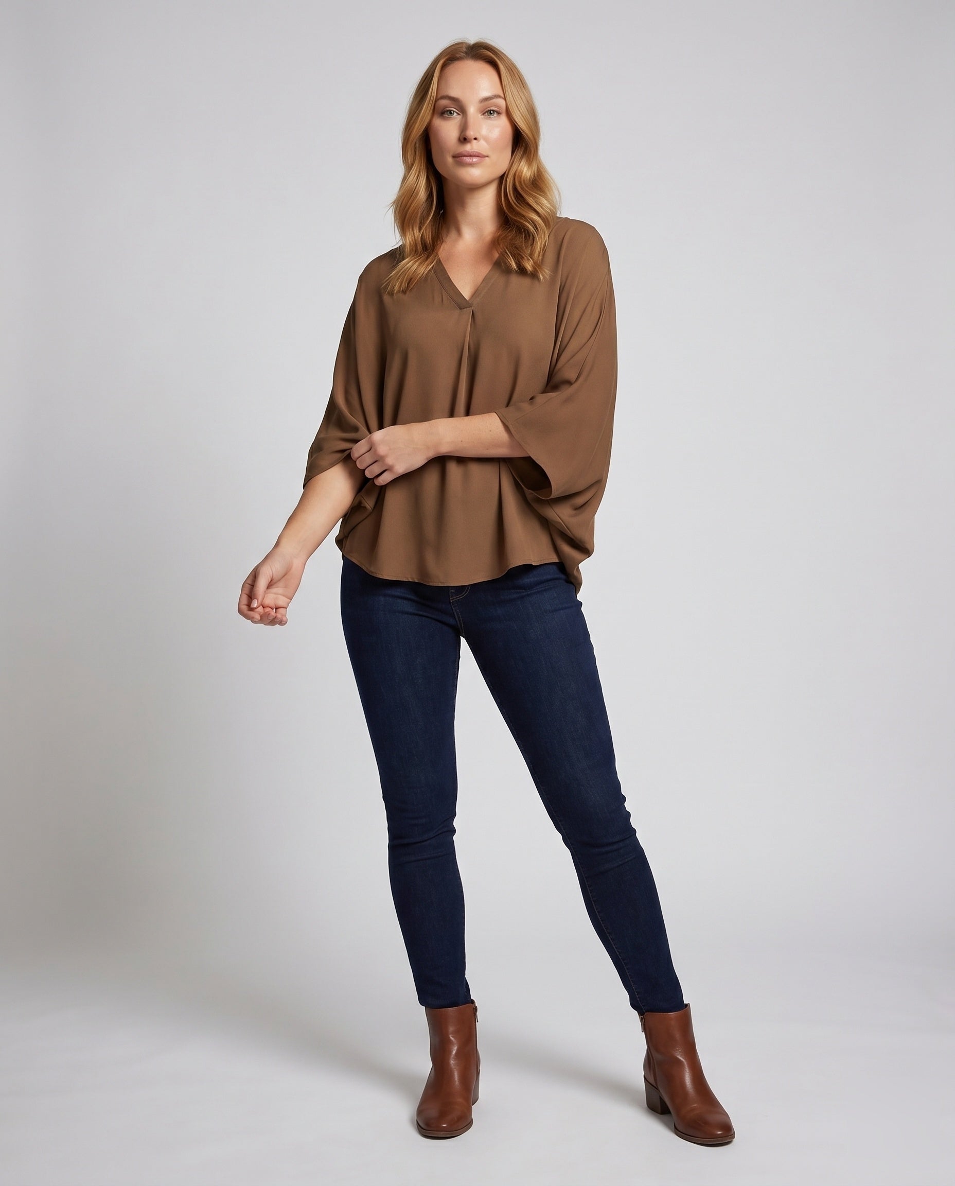 Women's Casual Blouse Shirt with V-Neck and Split Sleeves - Front View