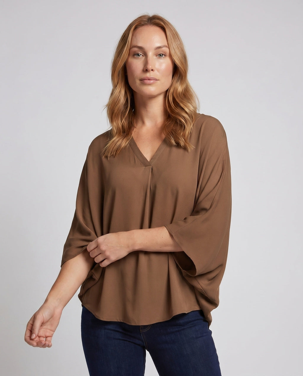 Women's Casual Blouse Shirt with V-Neck and Split Sleeves - Upper Body View