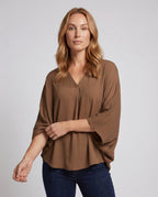 Women's Casual Blouse Shirt with V-Neck and Split Sleeves - Upper Body View