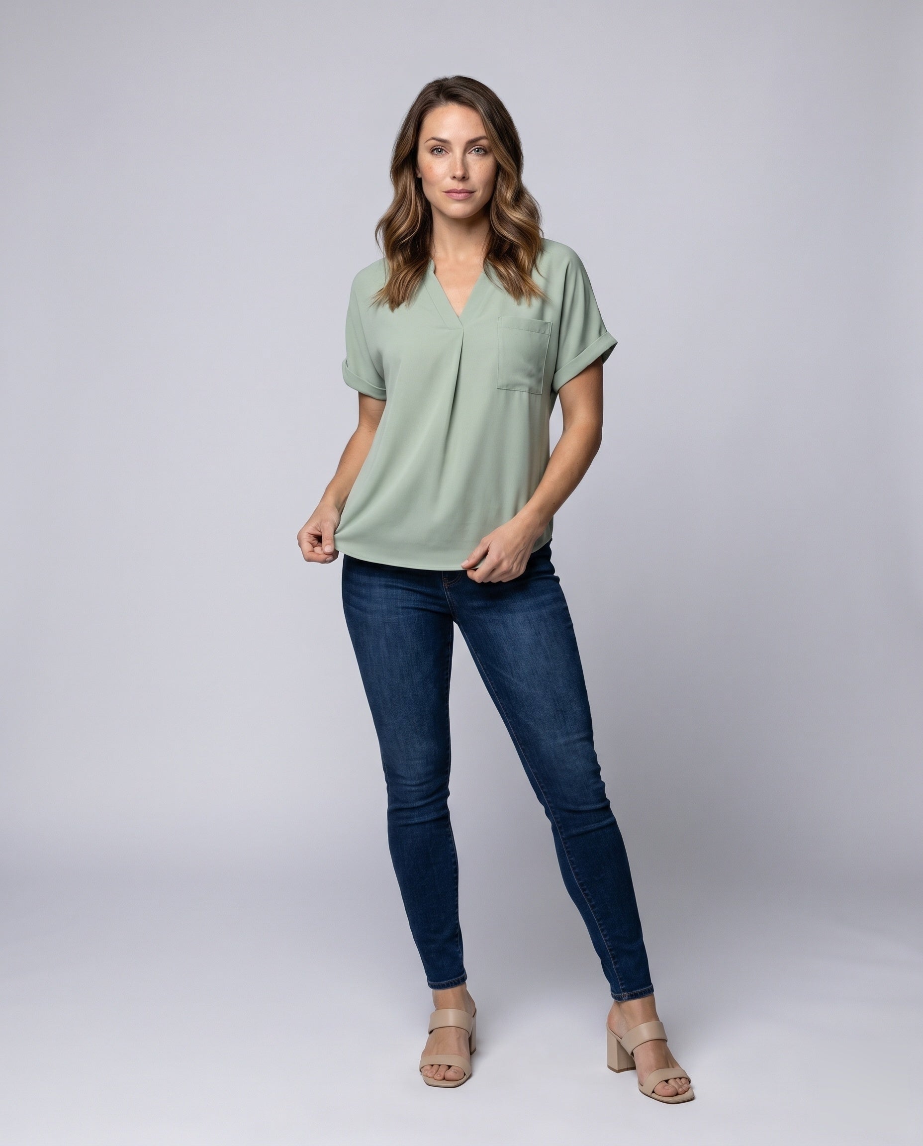 Women's Casual V-Neck Blouse Shirt with Chest Pocket - Front View