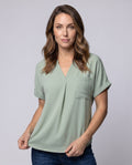 Women's Casual V-Neck Blouse Shirt with Chest Pocket - Upper Body View