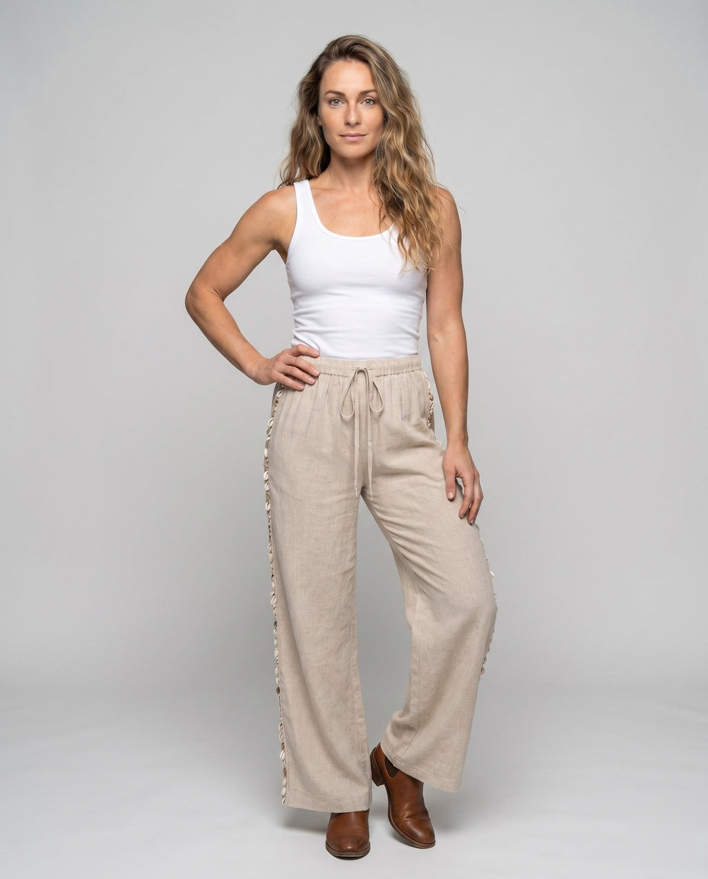 Women's Airy Linen Trousers with High Waistband and Side Ruffles - Front View