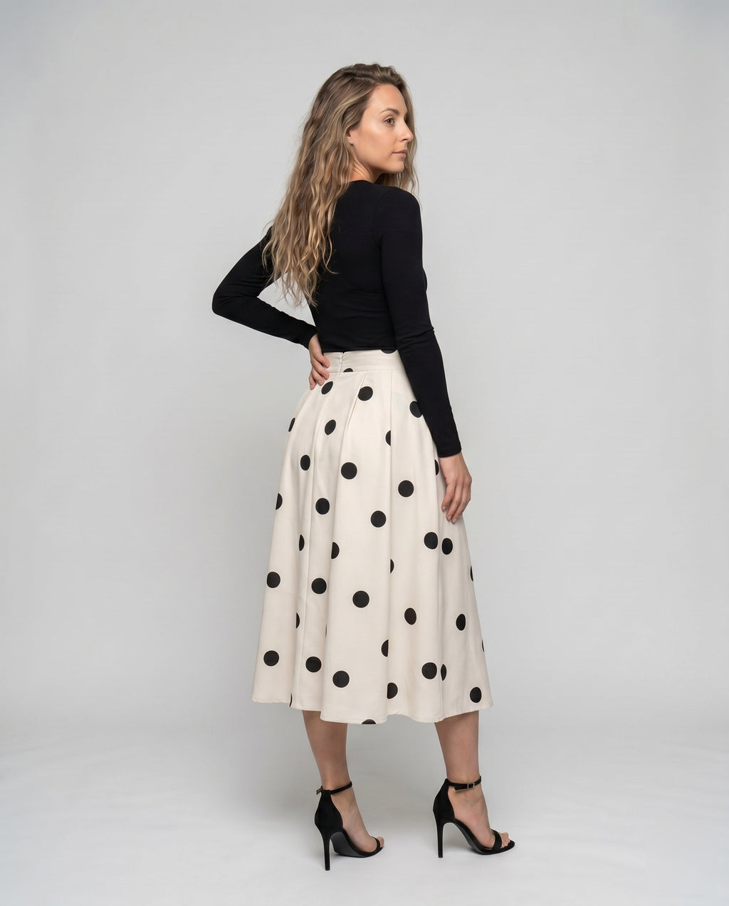 Women's Midi Skirt with Stylish Polka Dot Pattern and Waist Belt - Back View