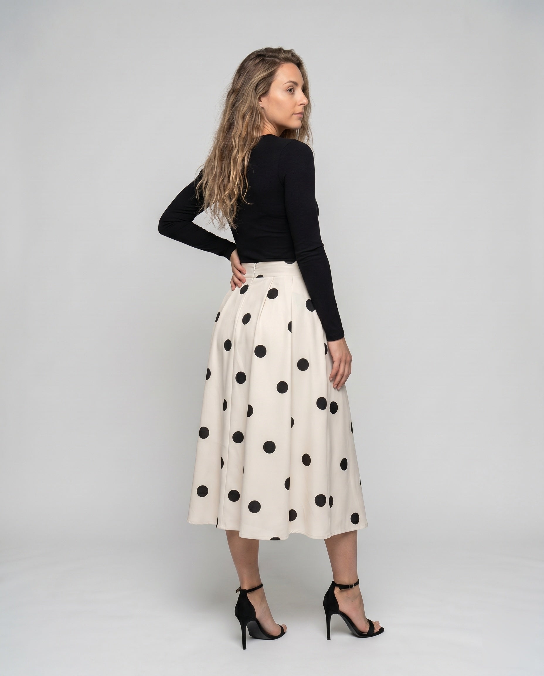 Women's Midi Skirt with Stylish Polka Dot Pattern and Waist Belt - Back View