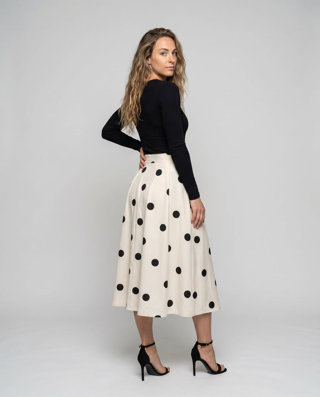Women's Midi Skirt with Stylish Polka Dot Pattern and Waist Belt - Front View