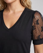 Women's Top with Fine Lace Sleeves and V-Neck - Close-Up Detail