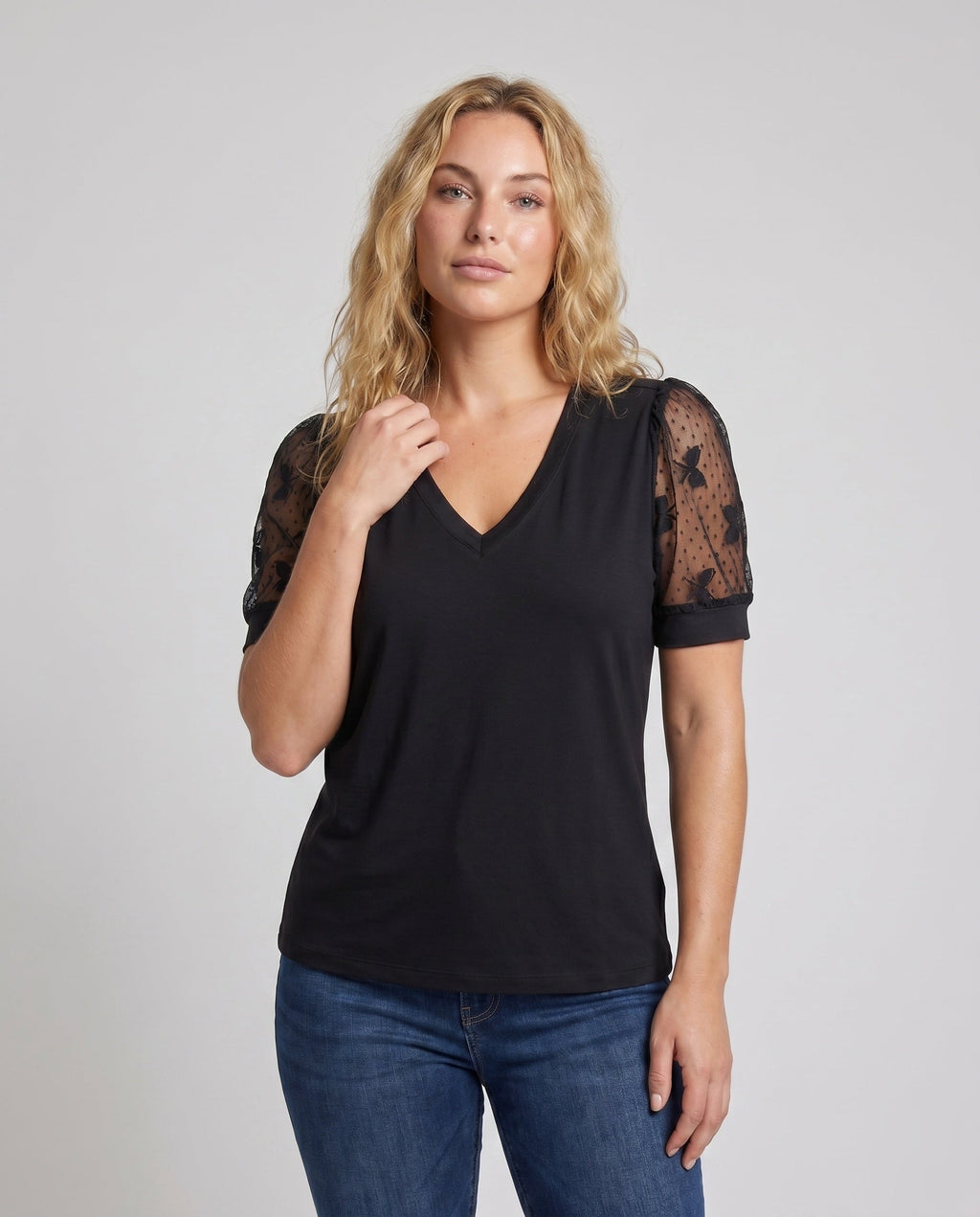 Women's Top with Fine Lace Sleeves and V-Neck - Upper Body View