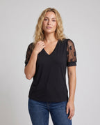 Women's Top with Fine Lace Sleeves and V-Neck - Upper Body View