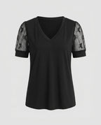 Women's Top with Fine Lace Sleeves and V-Neck