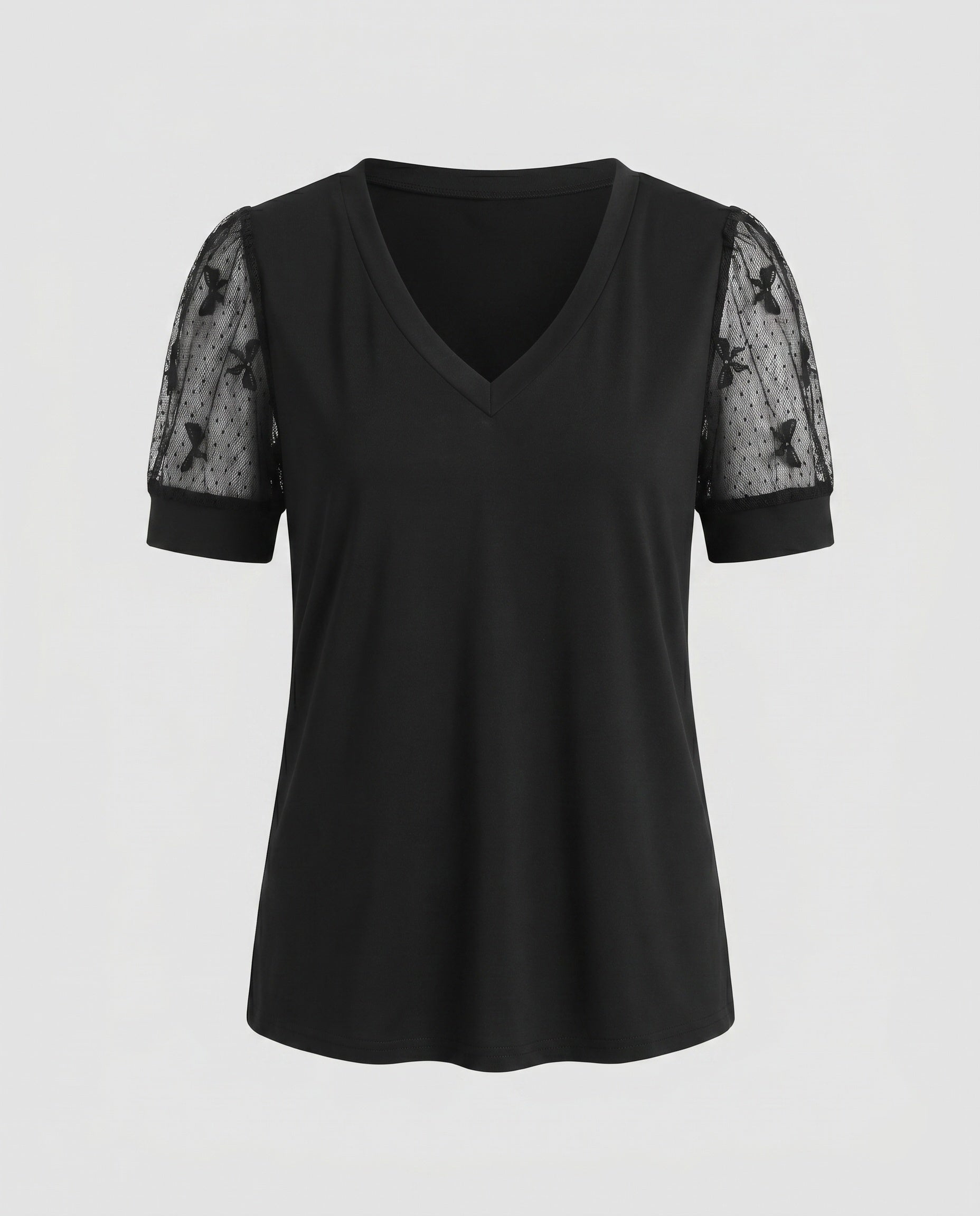 Women's Top with Fine Lace Sleeves and V-Neck