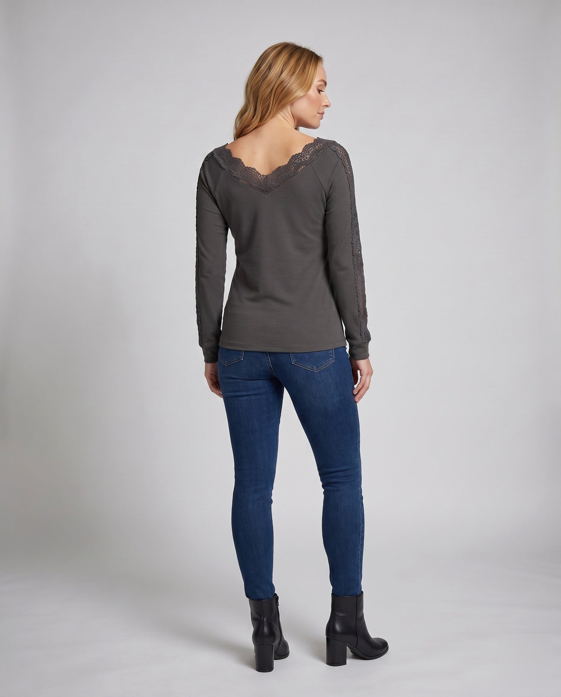 Women's Top with Lace Embellishments and V-Neck - Back View