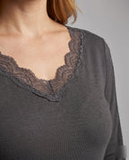 Women's Top with Lace Embellishments and V-Neck - Close-Up Detail