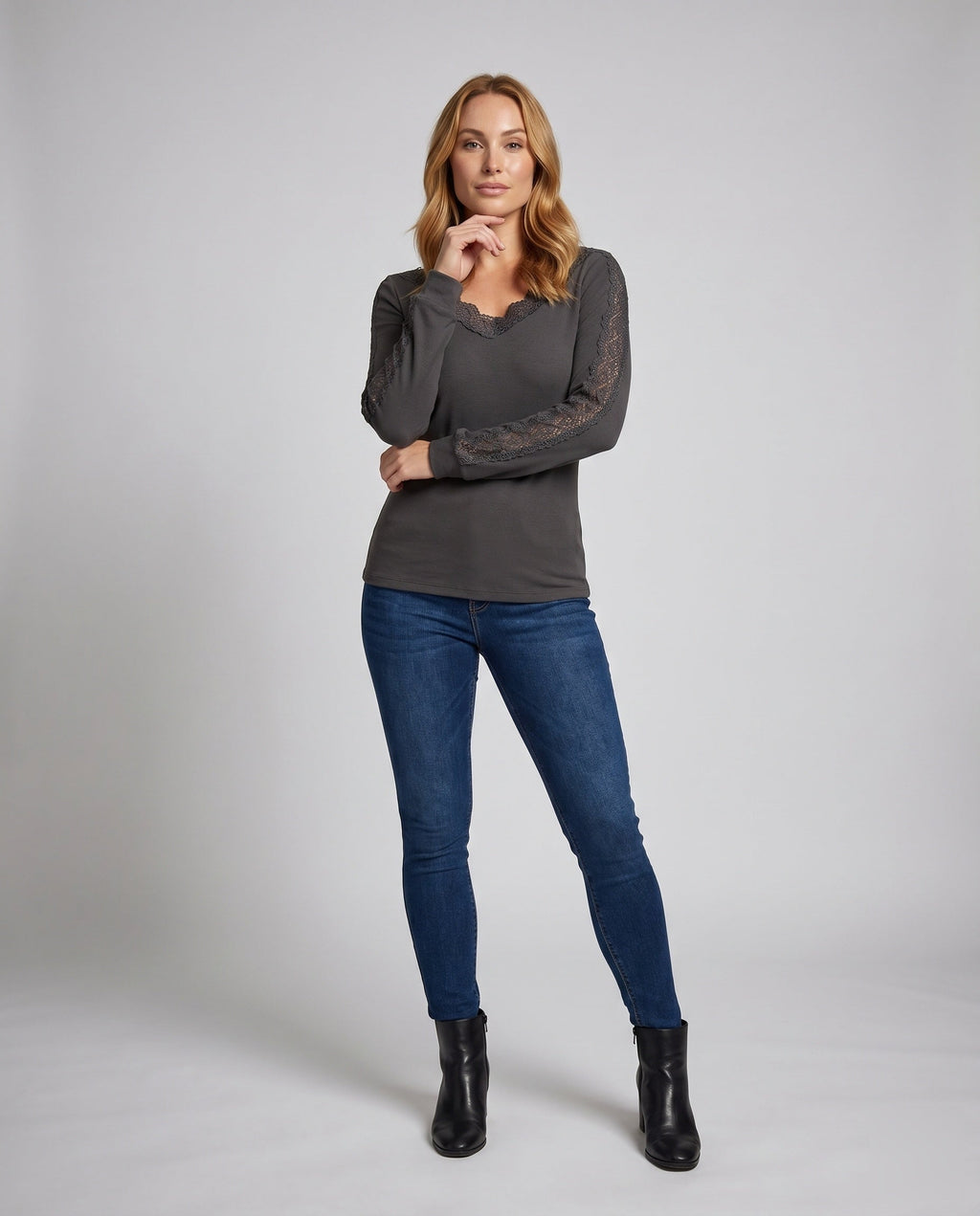 Women's Top with Lace Embellishments and V-Neck - Front View