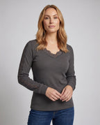 Women's Top with Lace Embellishments and V-Neck - Upper Body View