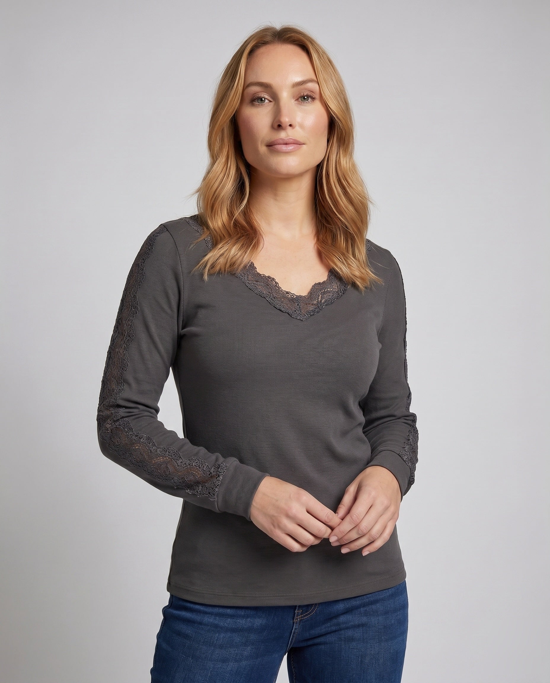 Women's Top with Lace Embellishments and V-Neck - Upper Body View