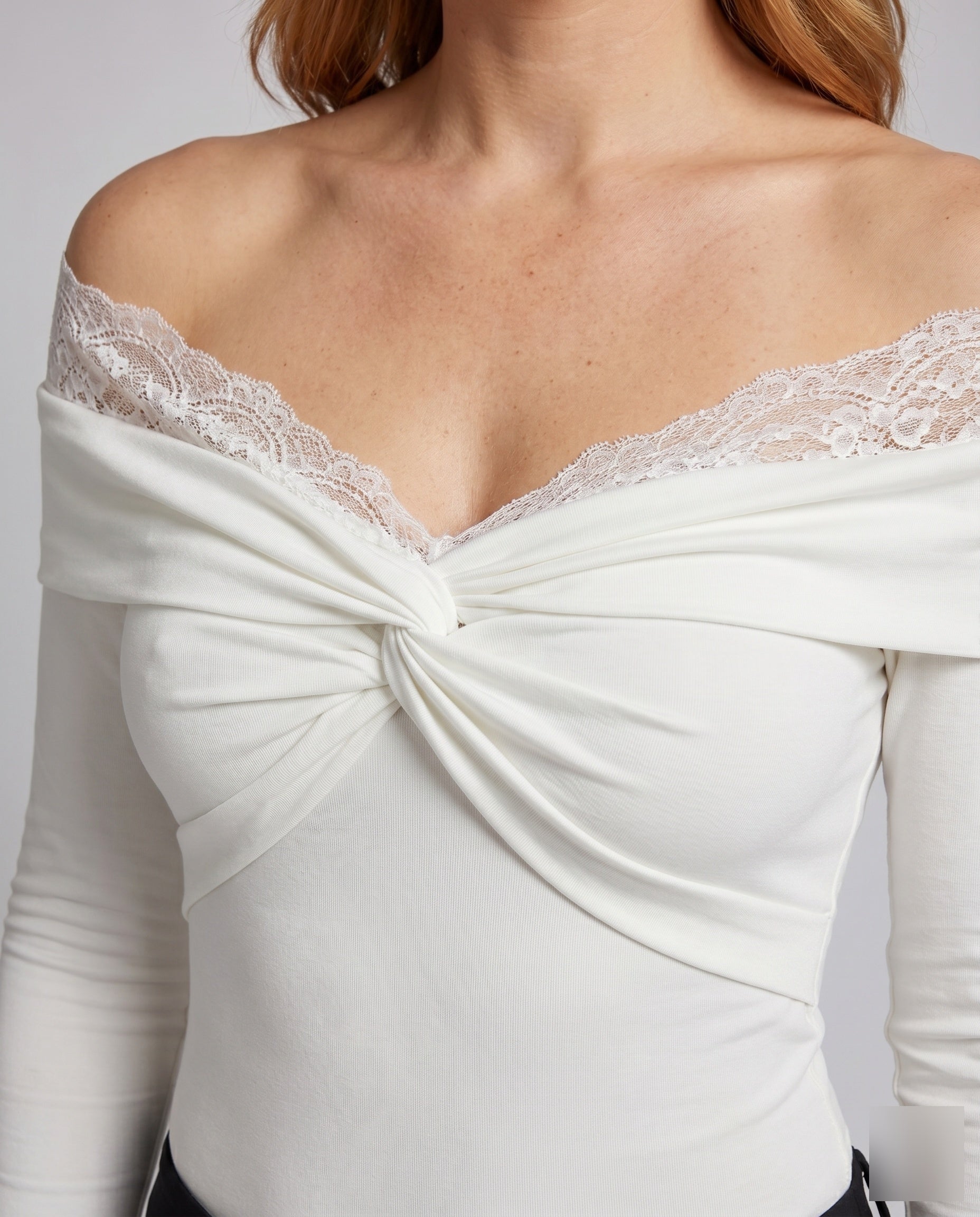 Women's Top with Transparent Lace Detailing, Sophisticated Wrap Design - Close-Up Detail