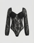 Women's Lace Bodysuit with Elegant Puff Sleeve and Deep Neckline