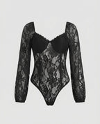 Women's Lace Bodysuit with Elegant Puff Sleeve and Deep Neckline