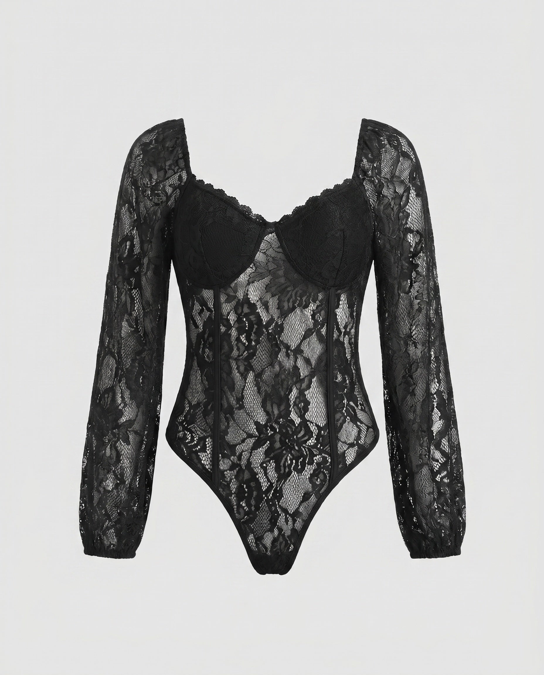 Women's Lace Bodysuit with Elegant Puff Sleeve and Deep Neckline