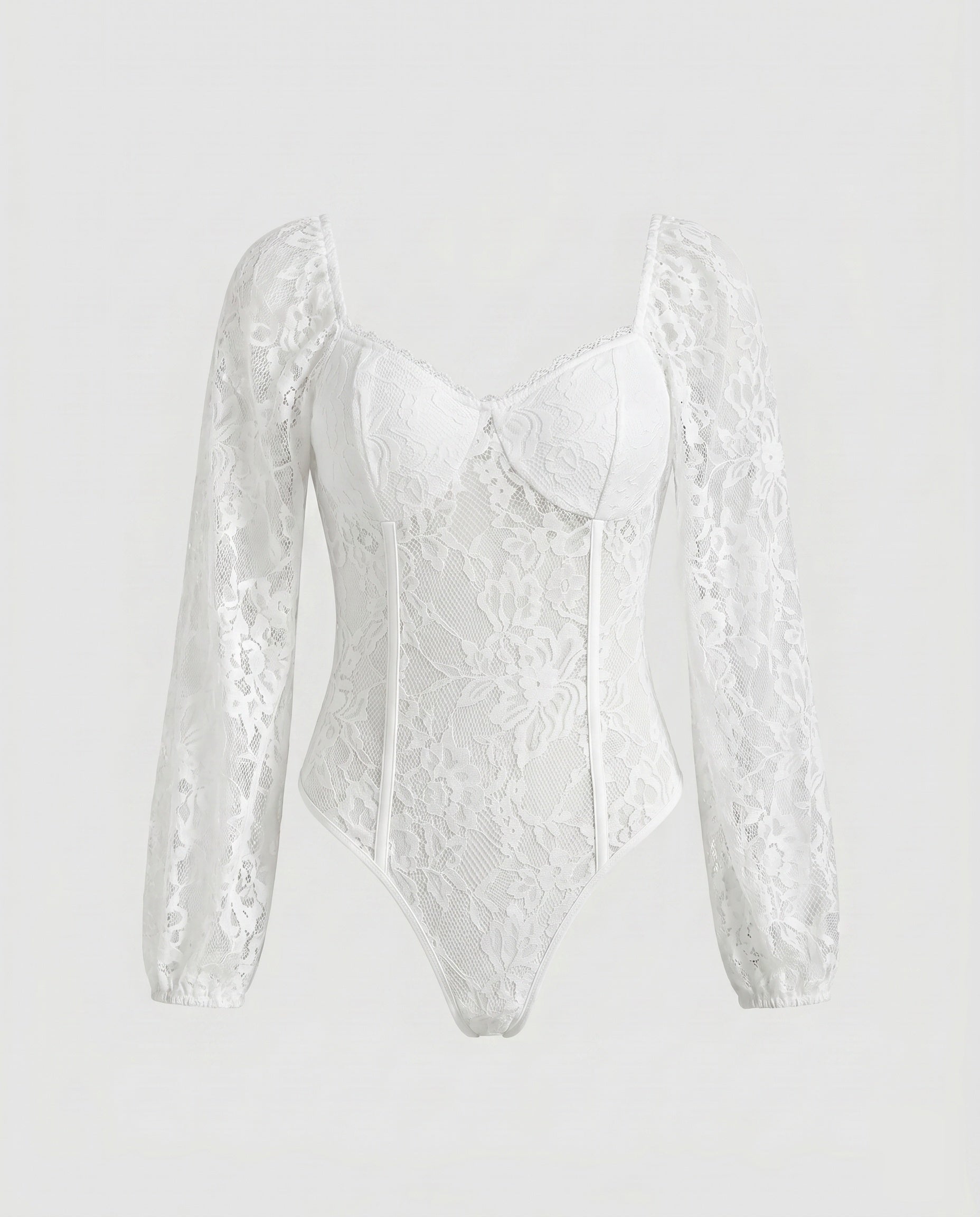 Women's Lace Bodysuit with Elegant Puff Sleeve and Deep Neckline