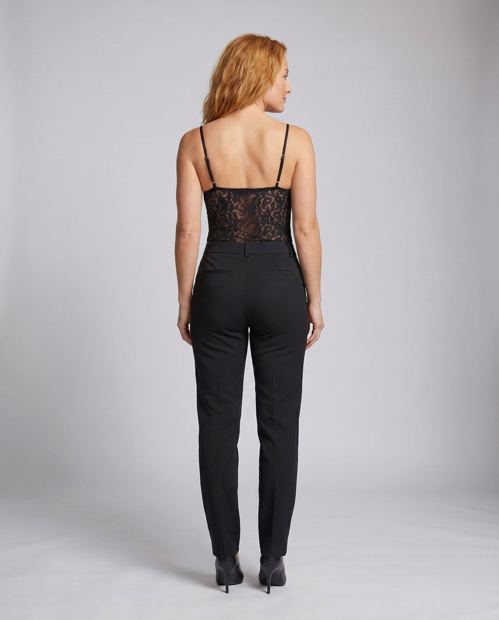 Women's Lace Bodysuit with Elegant V-Neck, Decorative Button Closure - Back View